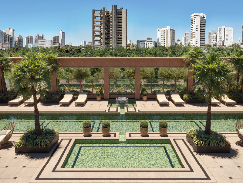 Render do pátio central do Ryad com paisagismo