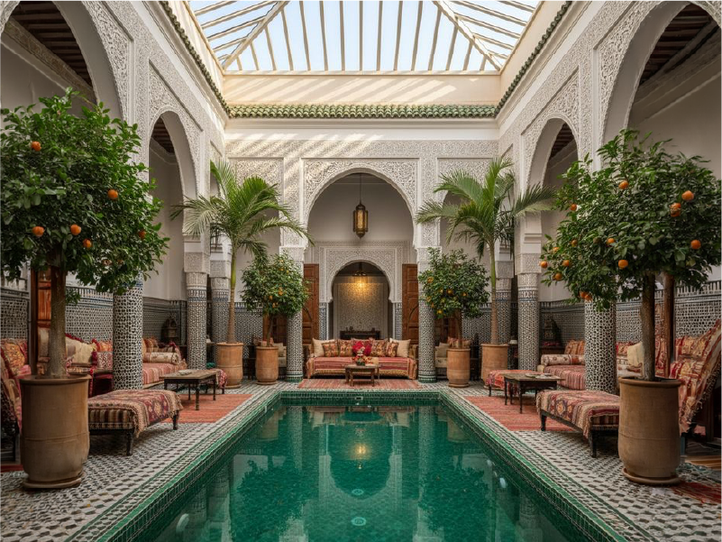 Riad em Marrakech — pátio interno com espelho d'água